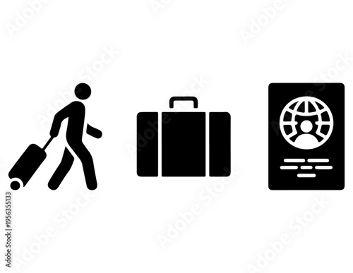 Travel essentials icons featuring a person with luggage and a passport