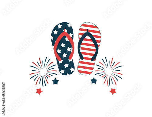 Patriotic flip flops with fireworks and stars design