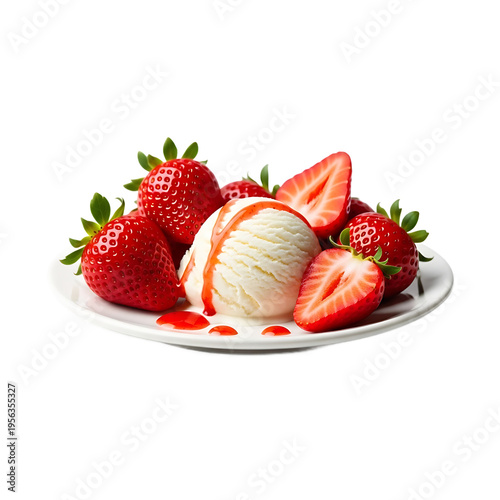 A plate of strawberries and ice cream isolated on transparent background