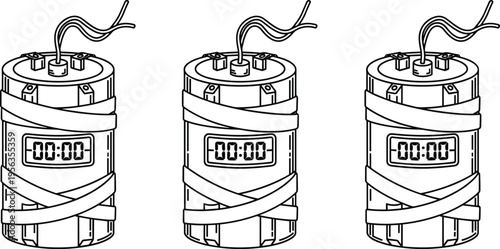 Dynamite bomb with timer silhouette set explosive device countdown danger concept cartoon vector illustration collection isolated black outline design