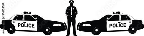 Police officer with patrol cars silhouette law enforcement security concept cop standing between vehicles vector illustration isolated design