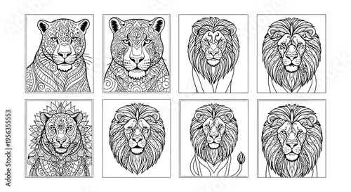 Intricate line art depicting various lion and leopard portraits