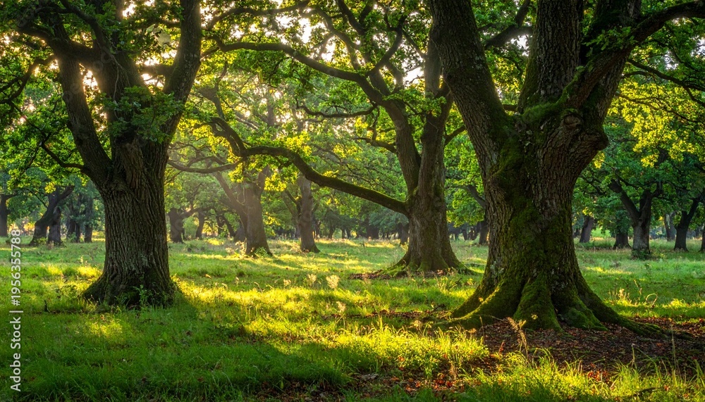 Fototapeta premium Sunlight filters through trees in a serene forest glade with lush green grass and mossy trunks.