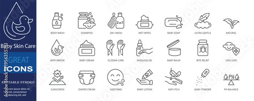 Set of icons for baby skincare. Editable stroke. Vector illustration