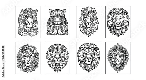 Intricate line art depicting various lion and leopard portraits