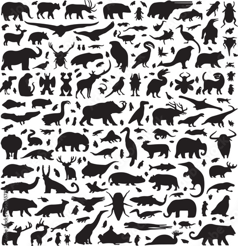 A collage of various animal silhouettes on a white background featuring mammals birds and insects in black