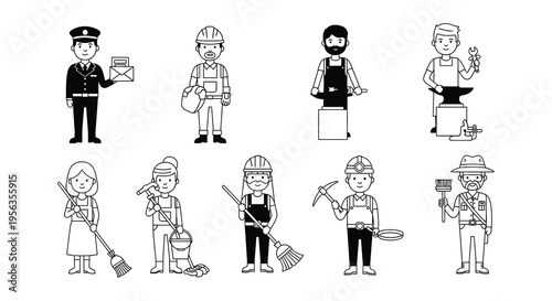 Line art illustration depicting various professions and workers in a group
