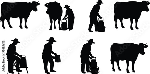 Cow milking silhouettes, dairy farming, rural agriculture, milk production, farmer with cow, bucket, traditional method, livestock care, countryside life – flat vector illustration