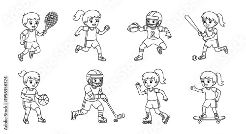 Children participating in various sports activities illustrated in black and white