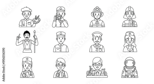 Collection of diverse professions illustrated with simple black and white line art