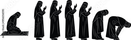 Black silhouette vector illustration of a Muslim person performing the different steps and positions of Islamic prayer on white background
