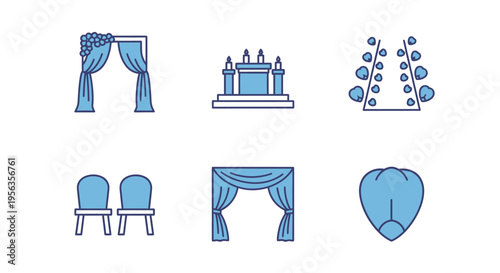 Minimalist vector illustration of various wedding ceremony elements in a elegant, simple outline, featuring arch, altar, aisle decor, seating, drapery, and romantic heart-shaped balloon, rep