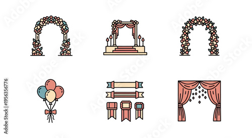 Set of minimalist vector line art wedding arches, ceremony stage arrangements, balloons, and decorative ribbons, perfect for invitations, posters, and romantic design elements for celebratio