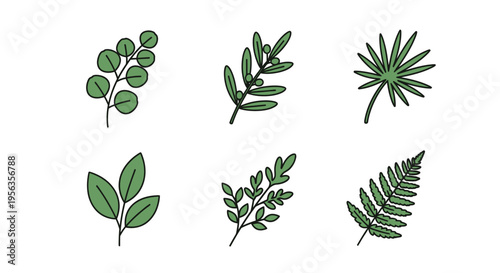A collection of six minimalist botanical leaf designs in a flat, outlined style, showcasing diverse foliage types against a clean white backdrop, perfect for nature-themed design.