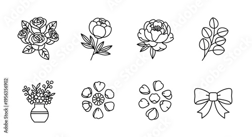 Elegant line art floral elements, perfect for wedding invitations and designs.