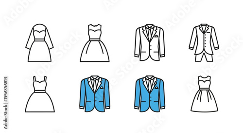 A detailed collection of vector-style wedding attire icons, including both bridal gowns and groom's suits, presented as line drawings and color-filled outlines, suitable for event design and