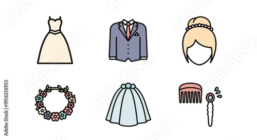 Wedding dress, suit, bride, and accessories vector illustration set.