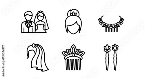 Minimalist black and white vector set showcasing bridal accessories, including couples, hairstyles, necklaces, veils, headbands, and hairpins, perfect for wedding designs and related project
