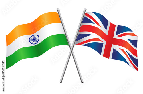 india and uk british indian flags in relationship alliance crossed flagpoles vector isolated on transparent background