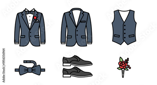 Elegant men's formal wear set with suit, vest, shoes, and accessories.