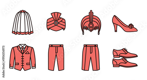 Collection of wedding attire and accessories in a coral color, vector illustration.