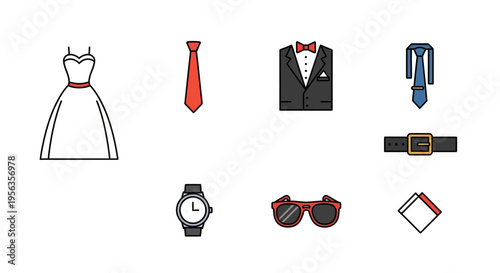 Collection of various fashion items and accessories in a flat design style.