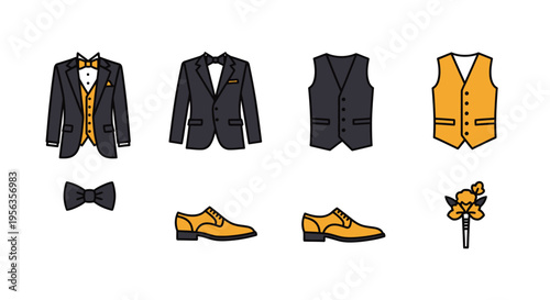 Elegant formal wear collection featuring suits, vests, shoes, and bow ties for men.