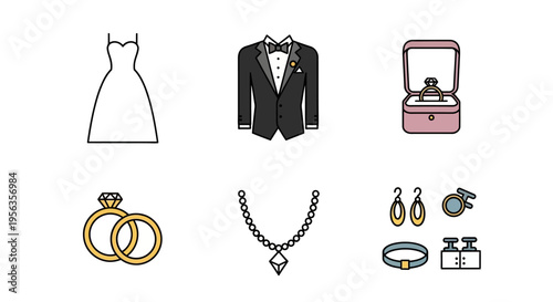 Wedding dress, tuxedo, rings, jewelry, and accessories vector illustration set.