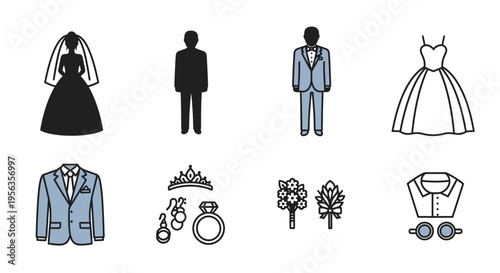 Wedding icons set of bride, groom, dress, rings and flowers.