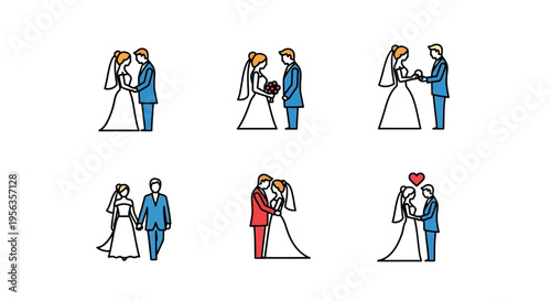 Set of vector illustrations depicting wedding ceremonies with couples in love.