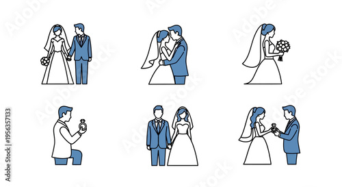 Set of wedding illustrations depicting a bride and groom in various poses.