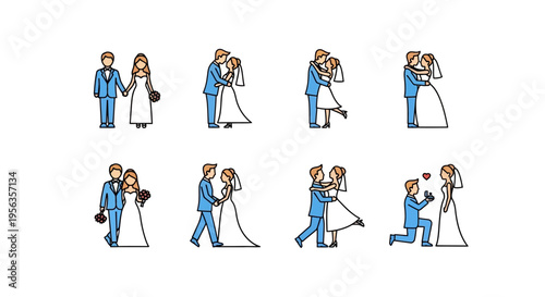 Collection of wedding illustrations featuring a bride and groom in various poses.