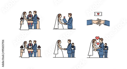 Wedding ceremony vector illustrations with bride, groom, and guests in various scenes.