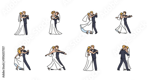 Collection of wedding dance poses, bride and groom in various romantic positions.