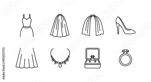 Elegant wedding dress and accessories vector illustration set in black and white.