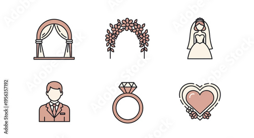 Wedding icons set featuring a bride, groom, ring, and floral arch elements.