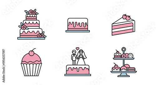 Collection of various wedding cakes and desserts with pink frosting and decorations.