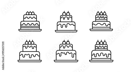 Set of six different vector illustrations of tiered birthday cakes with cherries.