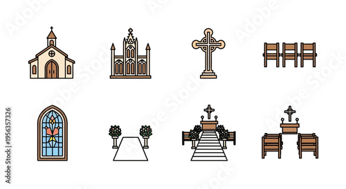 A detailed, pixelated vector composition showcases elements of a religious service, including churches, crosses, seating, and decorative elements used for memorial services in a flat contemp