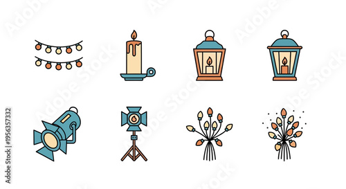 A vibrant assortment of festive and decorative lighting elements rendered in a flat, outlined illustrative style. Featuring string lights, candles, lanterns, and spotlights; perfect for cele