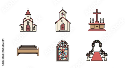 A collection of vector graphic elements depicting church-related subjects in a minimalist, flat design style. The set includes a church building, altar, bed, stained glass window, and weddin