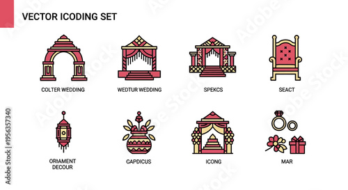 A detailed, colorful vector icon set featuring elements of traditional wedding ceremonies, including arches, thrones, decorations, and rings, perfect for design and editorial use, set agains