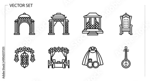 Elegant Vector Set Depicting Wedding Elements, Featuring Intricate Architectural Arches, Royal Throne, Ornamental Decorations, Symbols of Union and Celebration in Detailed Line Art, Perfect 