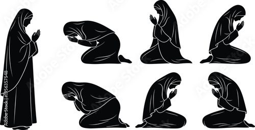 Silhouette Set of Muslim Woman Praying in Different Poses Including Standing Kneeling and Prostrating for Islamic Prayer and Spiritual Devotion