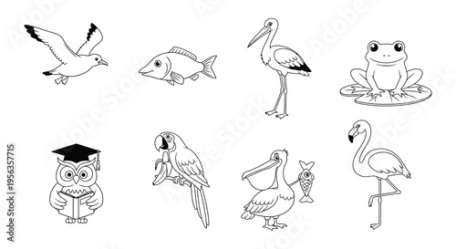 Collection of monochrome animal illustrations including birds fish and frog