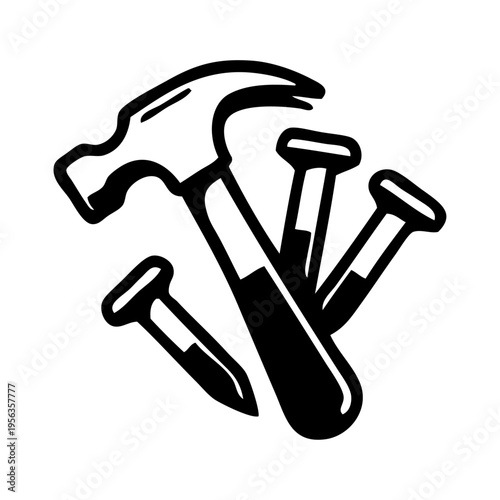 Logo men at work. Icono carpintería. Dibujo sencillo con líneas de un martillo con clavos 