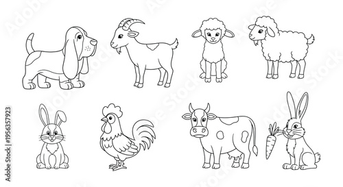 A collection of cartoon farm animals depicted in a simple line drawing style