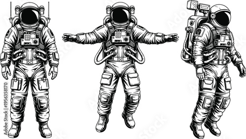Astronaut in spacesuits from different angles astronauts black and white floating