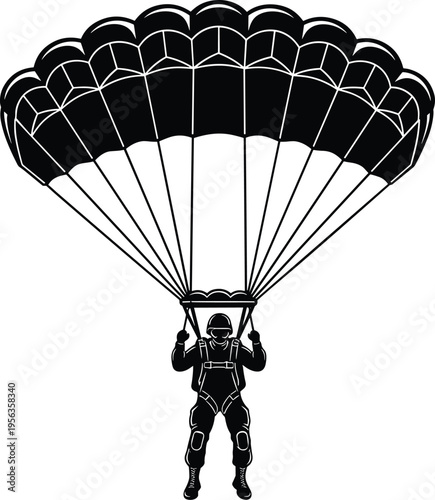 Black and white of a skydiver with a parachute silhouette