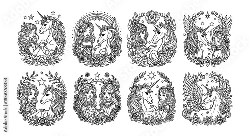 Collection of ornate unicorn and maiden illustrations in black and white
